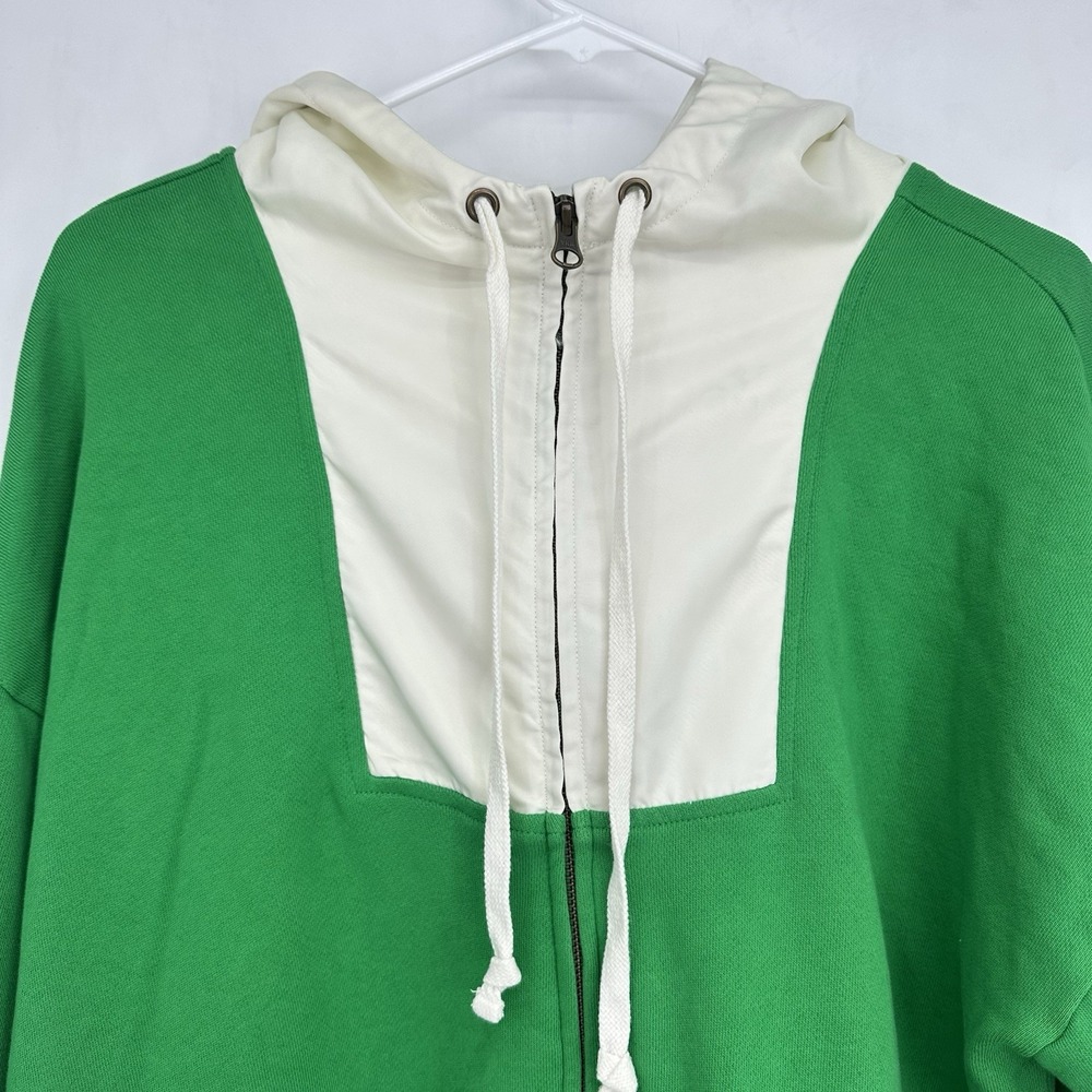 NWOT J.Crew Women's Green Ivory Terry Fleece Full Zip Anorak Hoodie M Drawstring - Picture 7 of 15